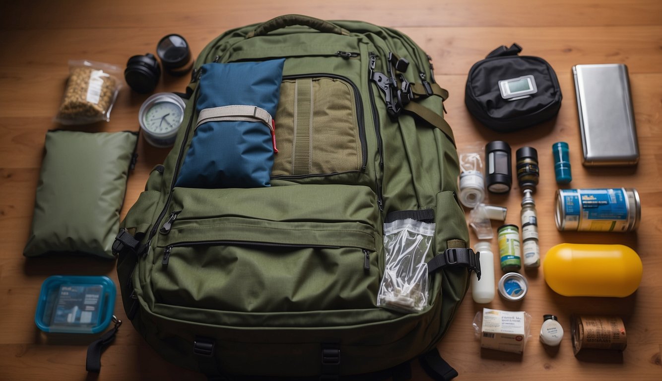 A Bug Out Bag sits ready by the door, packed with essentials. Its contents are neatly organized, from first aid supplies to non-perishable food items