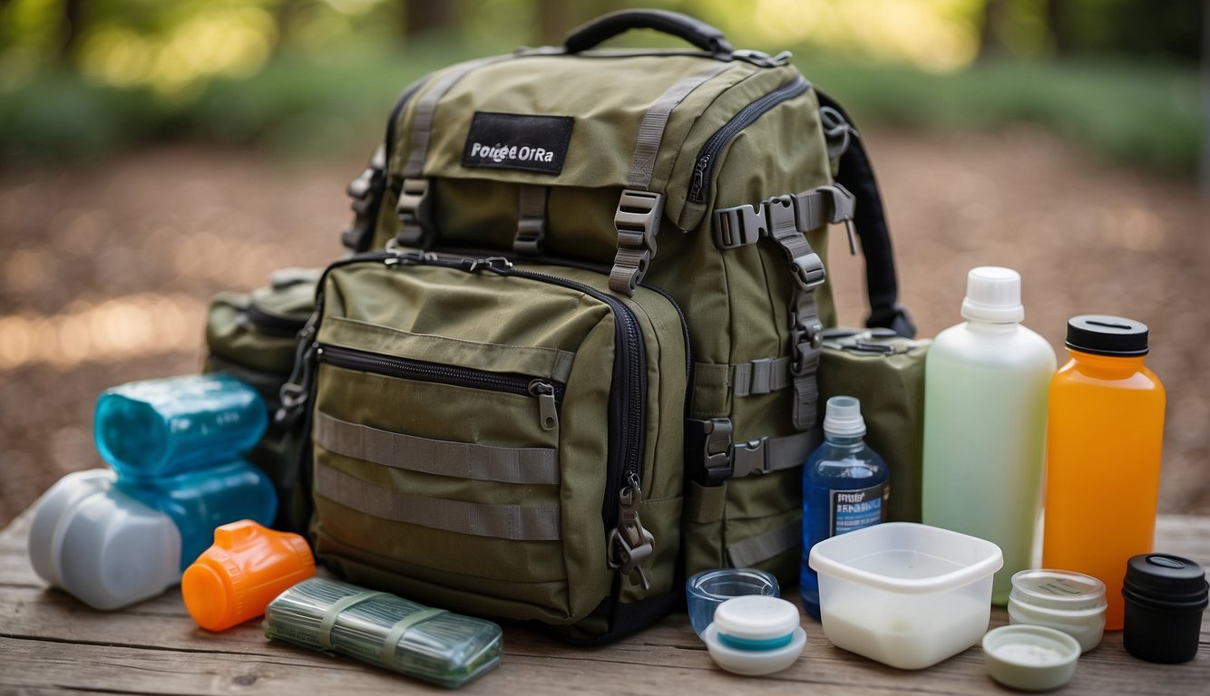 A premade bug out bag sits on a table, ready for use. Items are neatly organized, including a first aid kit, water bottles, and non-perishable food. The bag is sturdy and compact, with multiple compartments for storage