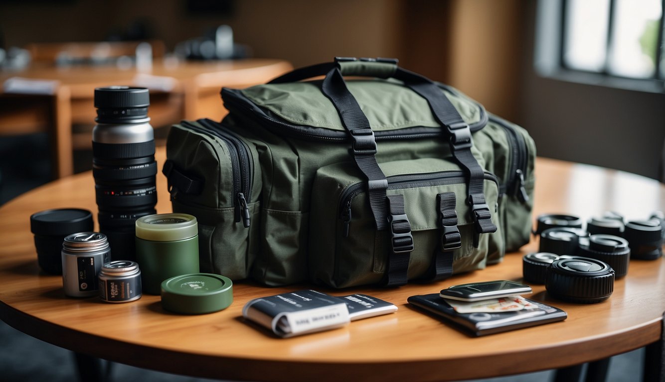 A bug out bag sits unopened on a table, its contents neatly organized and ready for use in case of emergency
