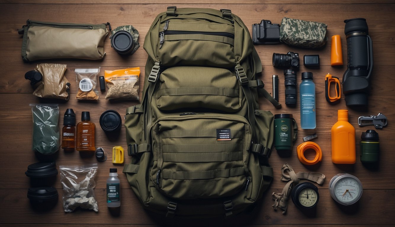 A bug out bag sits on a table, filled with various survival items. Pros and cons are listed beside it