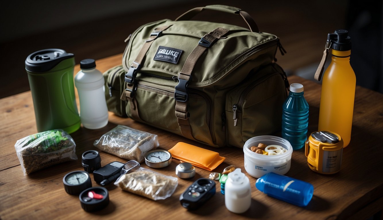 A pre-made bug out bag sits on a sturdy table, packed with essential survival gear. It includes a water bottle, first aid kit, flashlight, and non-perishable food items