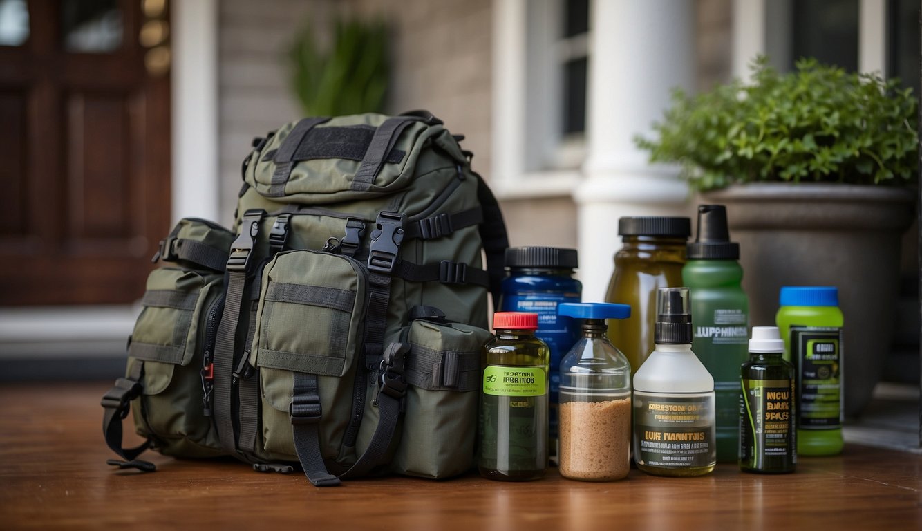 A premade bug out bag sits ready by a door, filled with essential survival items. Pros include convenience, while cons may include limited customization