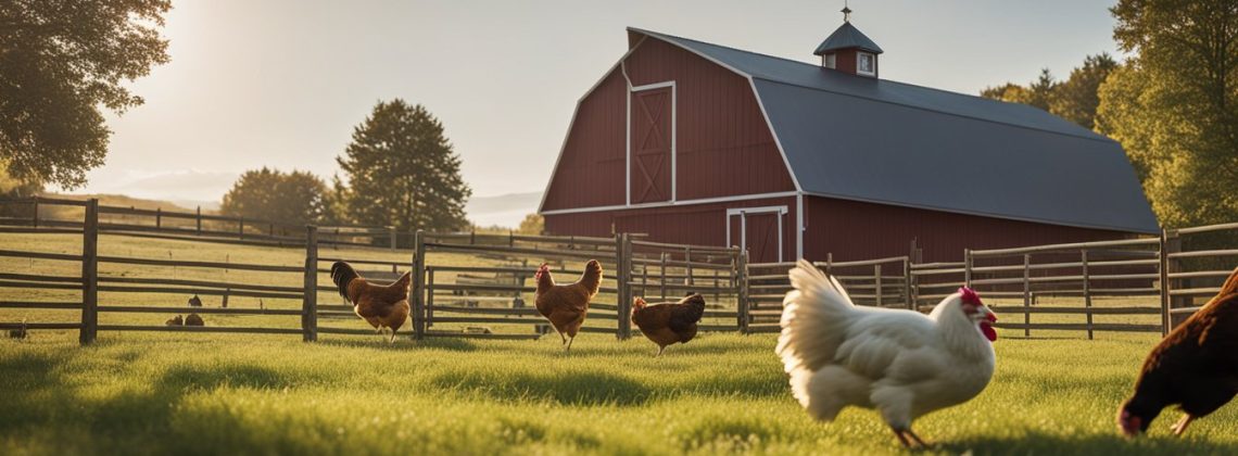 Animals grazing in a fenced pasture, with a barn and chicken coop in the background.