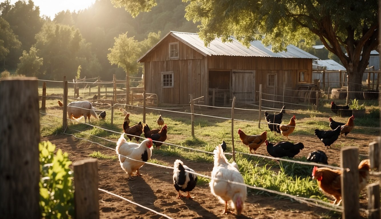 A rustic homestead with a variety of livestock enclosures, including chickens, goats, and pigs. A large vegetable garden and fruit trees surround the property