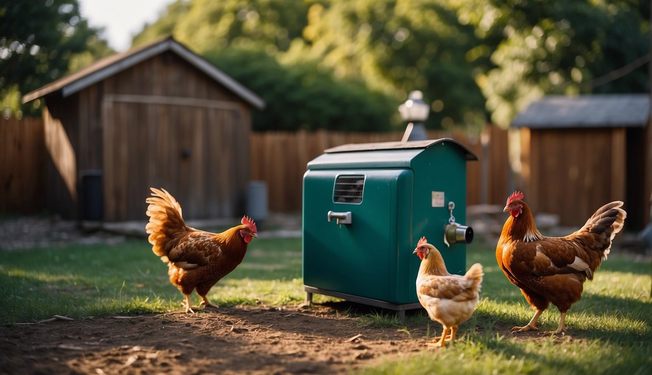 A small backyard coop with chickens pecking at the ground, surrounded by a fence. A water dispenser and feeder are visible, with a small shed in the background