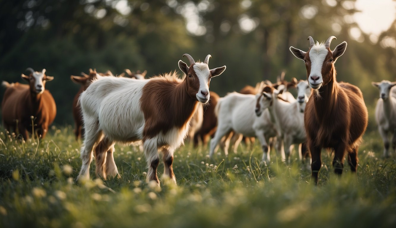 A herd of goats graze in a fenced pasture, providing milk and meat for a self-sufficient homestead