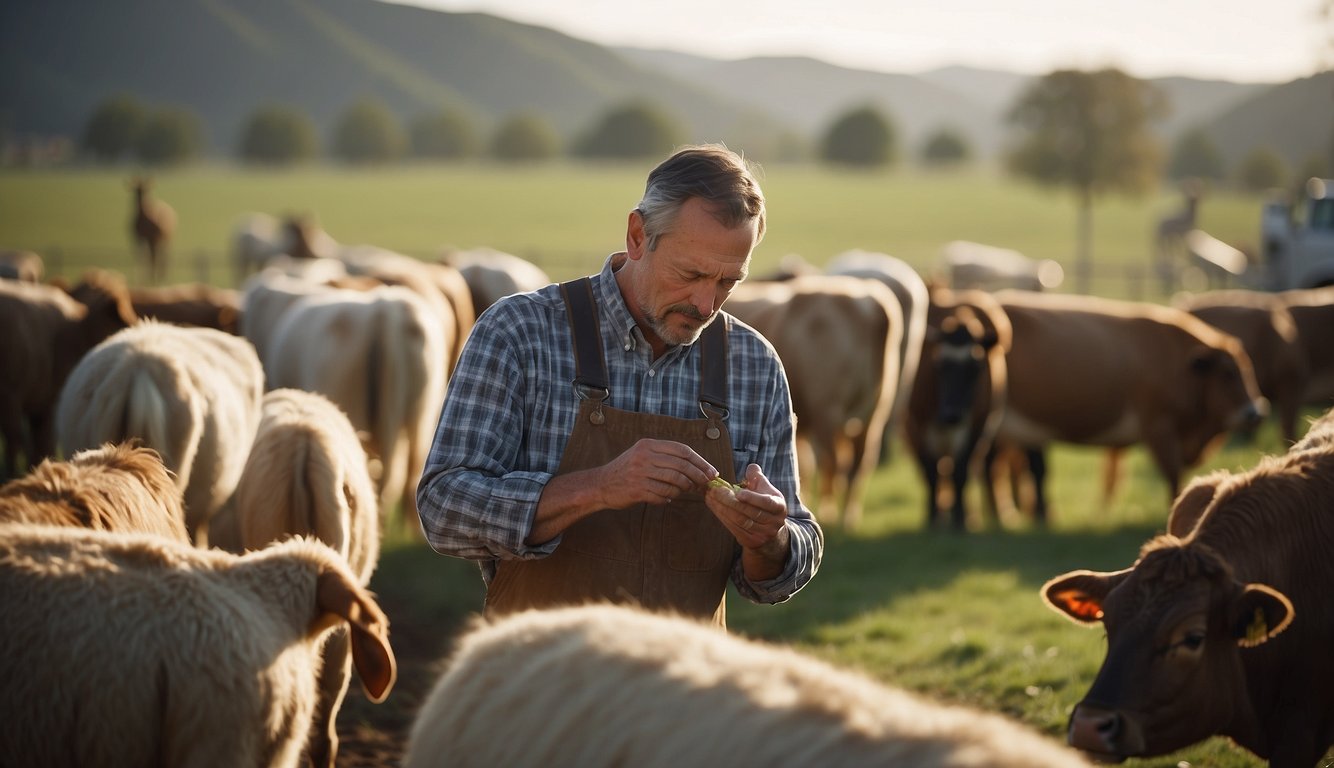 A farmer feeds and tends to a herd of large livestock in a spacious, fenced-in pasture. 
