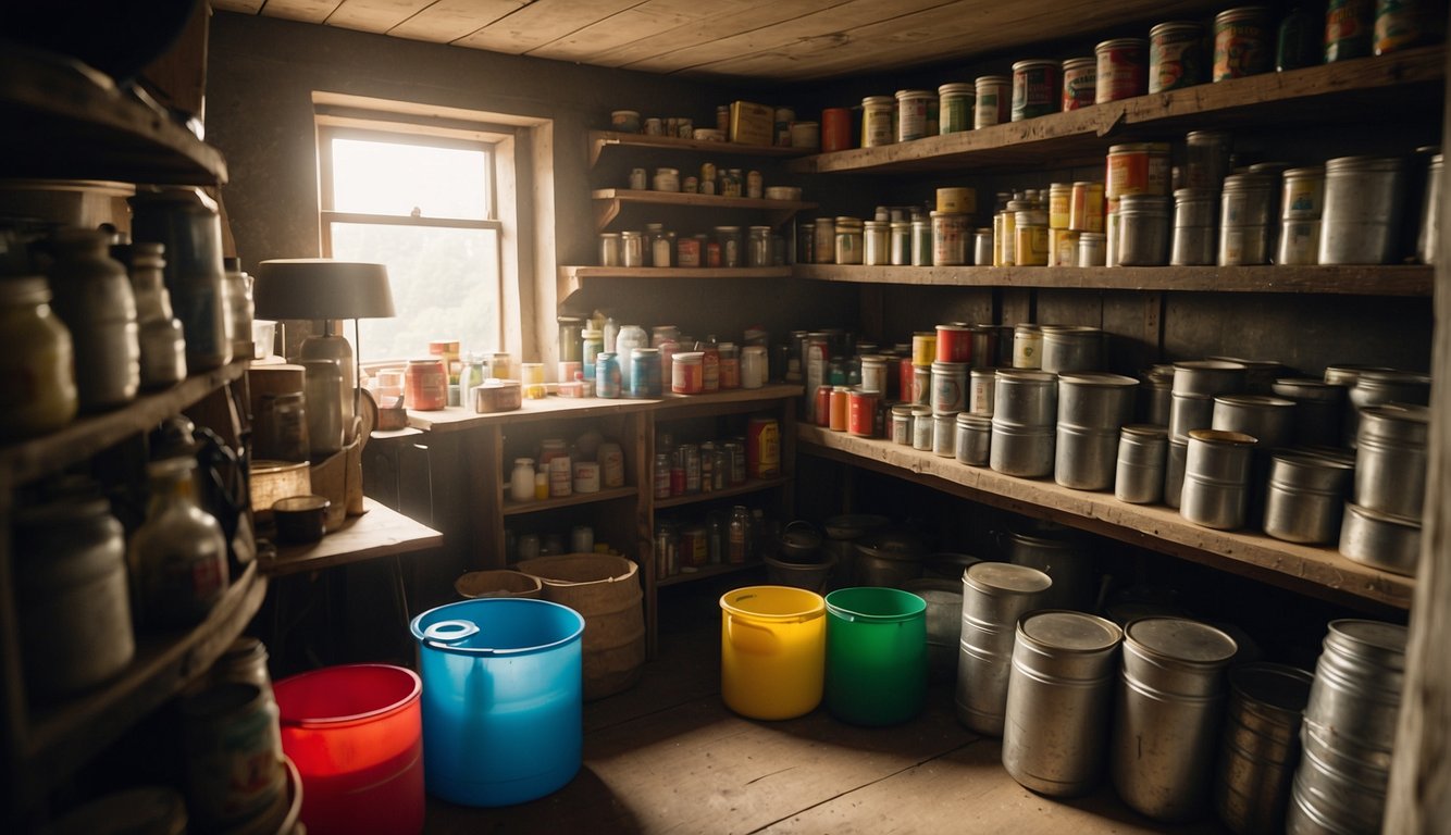 A cluttered US basement with shelves of canned goods, water jugs, and survival gear. 