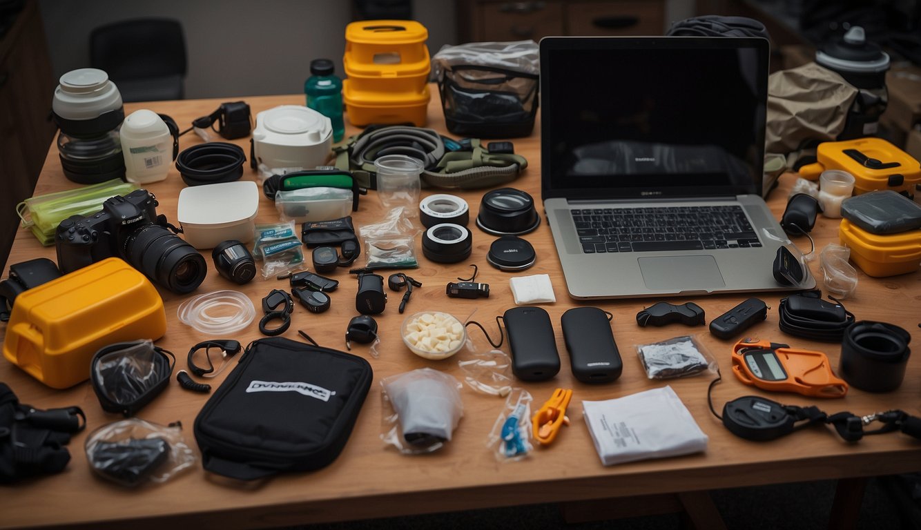 A table covered in gear and supplies for various disasters and SHTF events, including food, water, tools, first aid kits, and communication devices