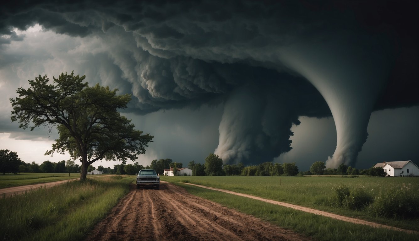 A tornado tearing through a rural landscape, uprooting trees and demolishing buildings, while dark storm clouds loom overhead