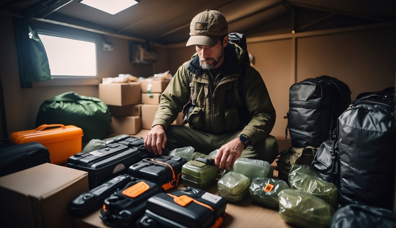 A prepper stockpiling supplies in a shelter, surrounded by emergency gear and survival tools