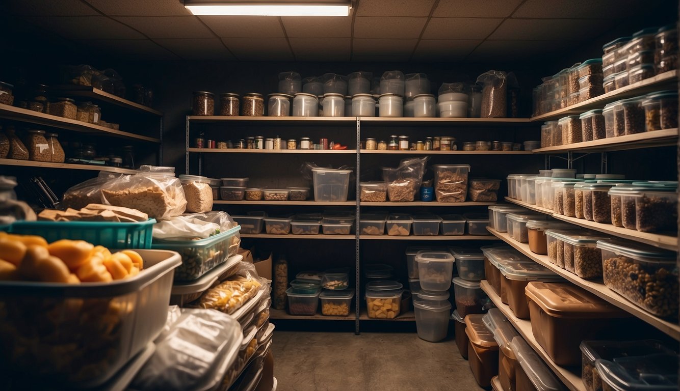 A prepper's stockpile includes food, water, and medical supplies. A fortified shelter is equipped with weapons and tools for self-sufficiency