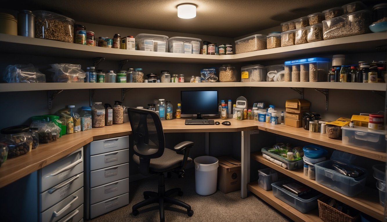 A prepper's bunker stocked with supplies, including food, water, medical supplies, and tools for self-defense. 
