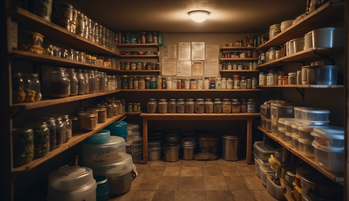 A prepper gathering supplies in a small, cluttered room. 
