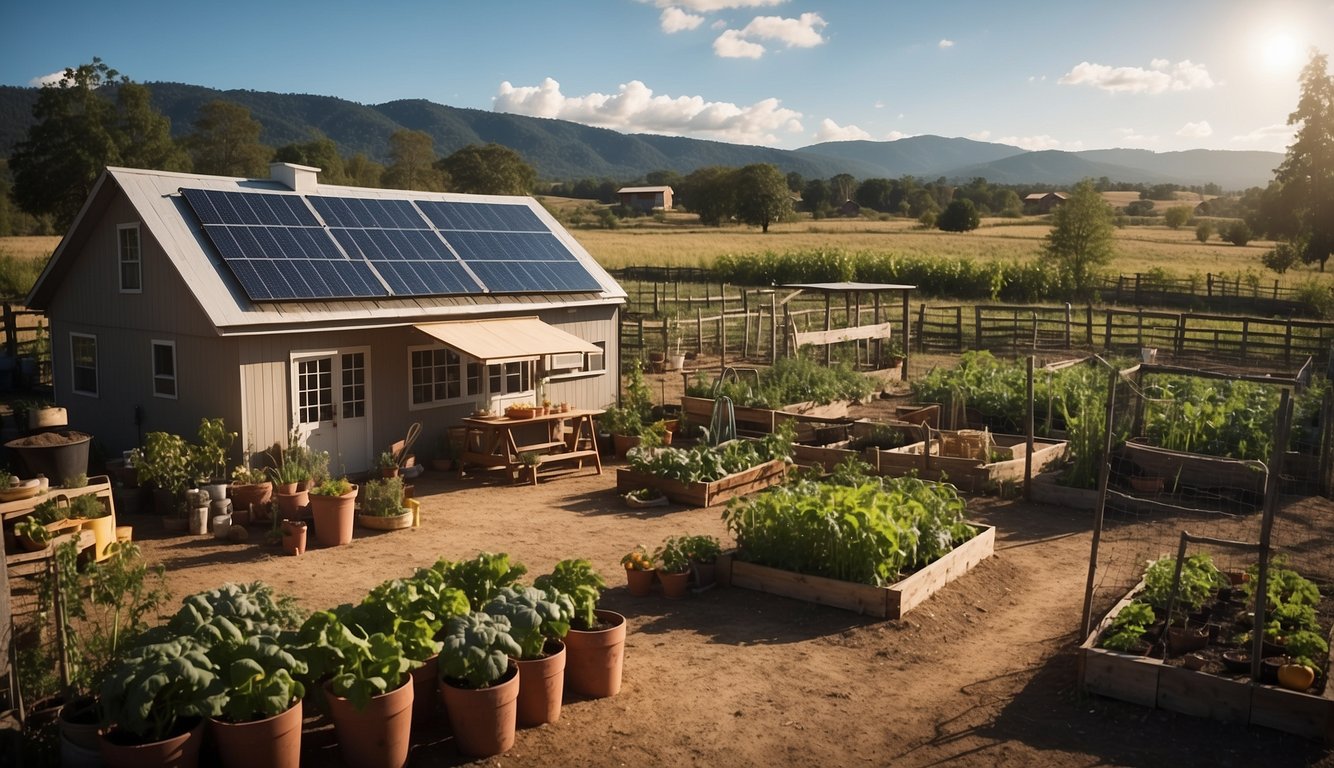 A homestead with a well-stocked pantry, solar panels, and a vegetable garden, surrounded by a fence and a small livestock area, preparing for natural disasters and SHTF events