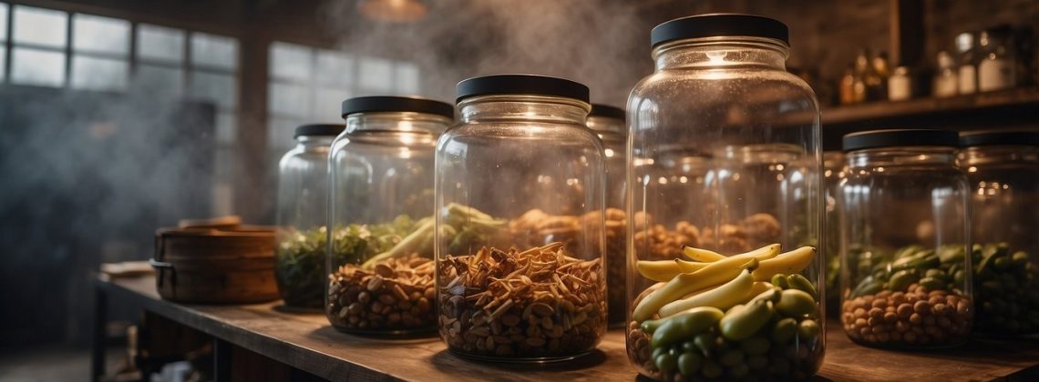 Food hangs in a smoky room, surrounded by racks and jars. The air is thick with the scent of burning wood, as the food slowly dries and absorbs the rich, smoky flavor