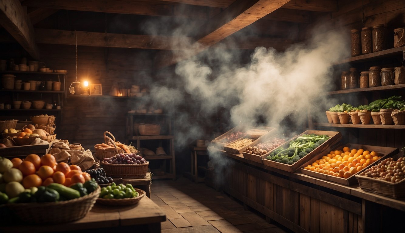 A rustic wooden smokehouse with billowing smoke, surrounded by hanging meats and shelves of preserved fruits and vegetables