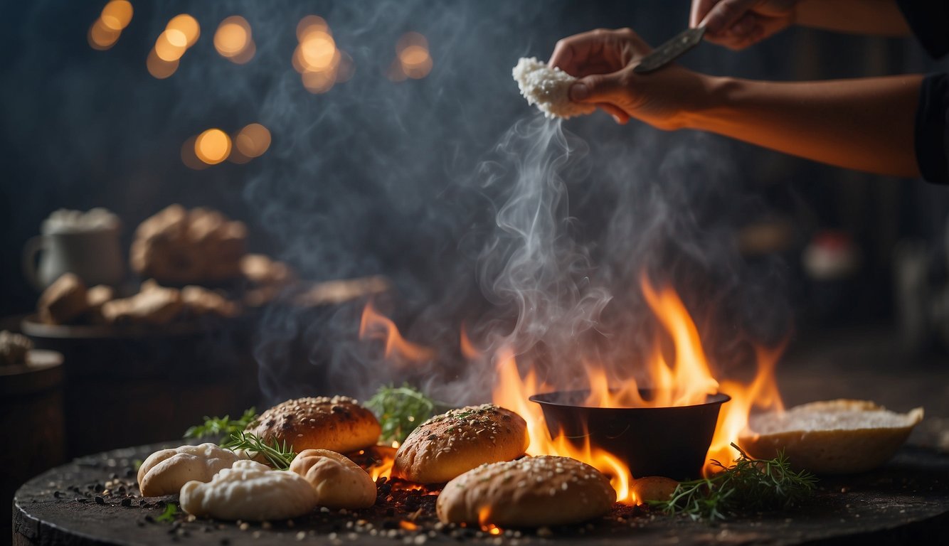 Food is hung above a smoky fire, surrounded by salt and herbs. A figure tends to the fire, ensuring the food is properly cured and preserved