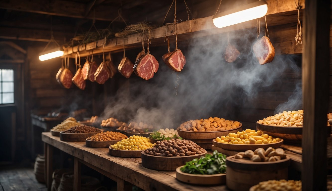 A rustic wooden smokehouse with hanging meats, shelves of preserved foods, and a smoky aroma filling the air
