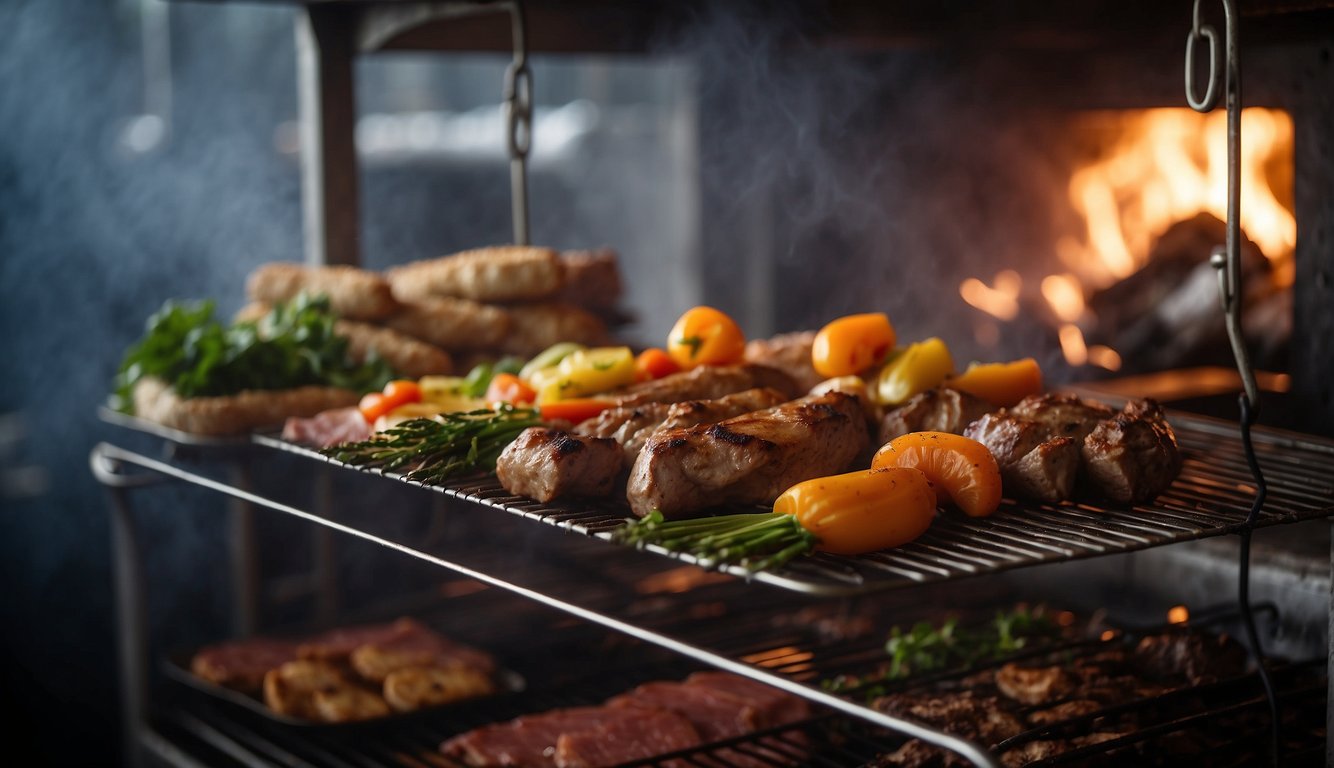 A smoky fire burns beneath a hanging rack of meats and vegetables.
