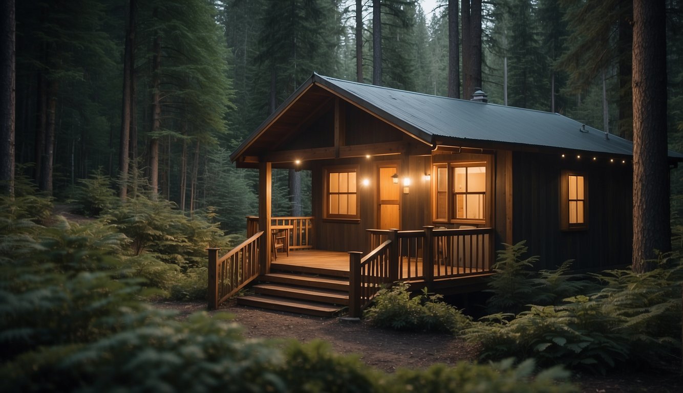 A secluded cabin surrounded by a dense forest,