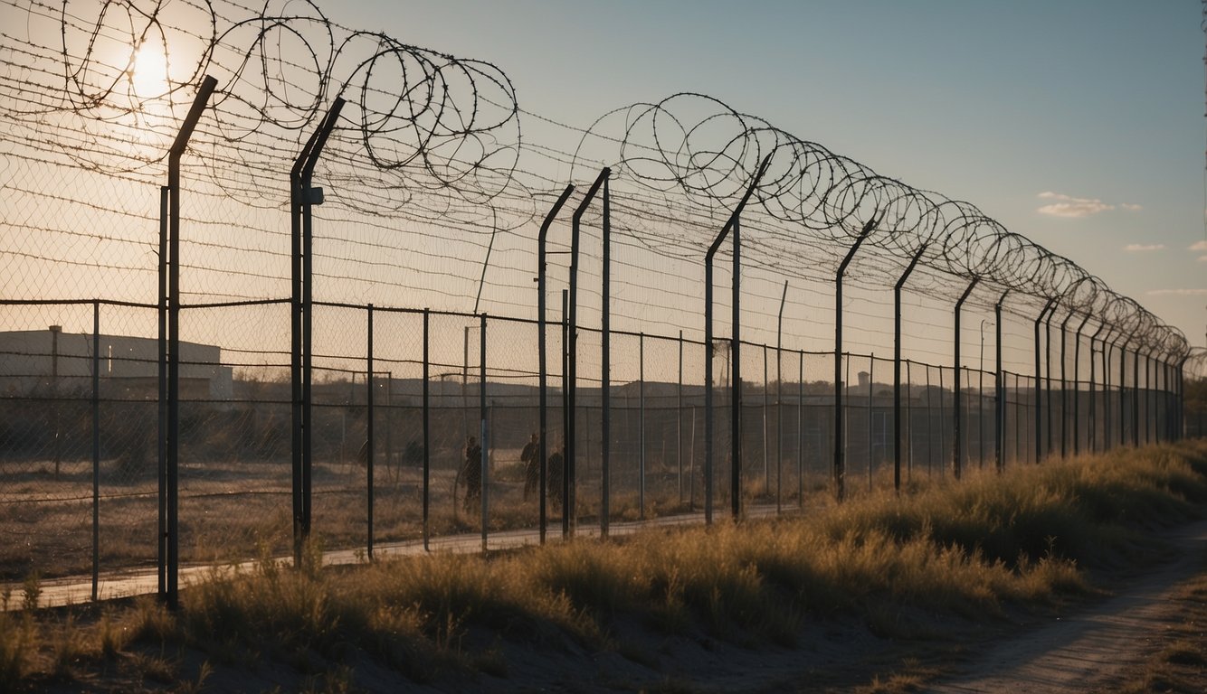 A high fence topped with razor wire surrounds a fortified compound.
