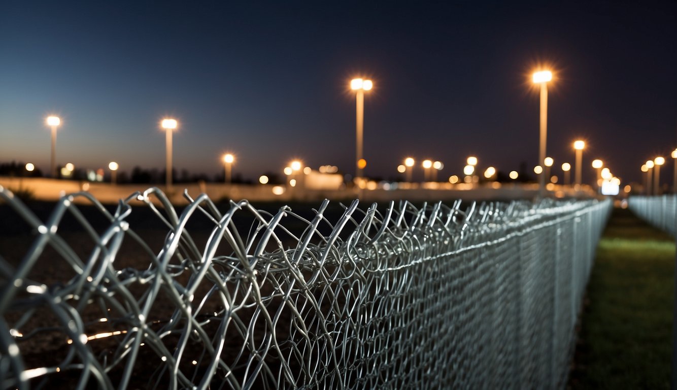 A tall chain-link fence surrounds the bug-out location, topped with razor wire. Floodlights and security cameras are positioned at regular intervals along the perimeter