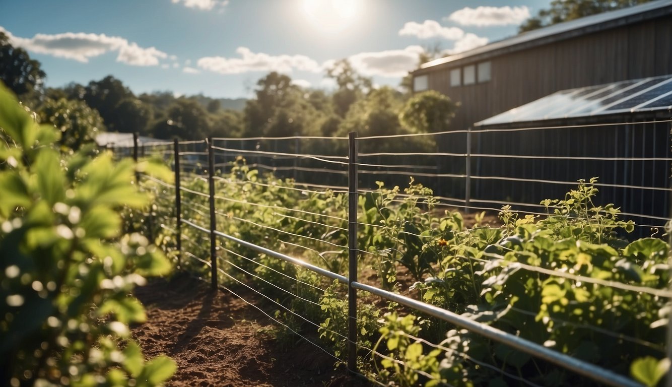 A sturdy fence surrounds a self-sustaining compound with solar panels, rainwater collection systems, and a variety of plants and animals