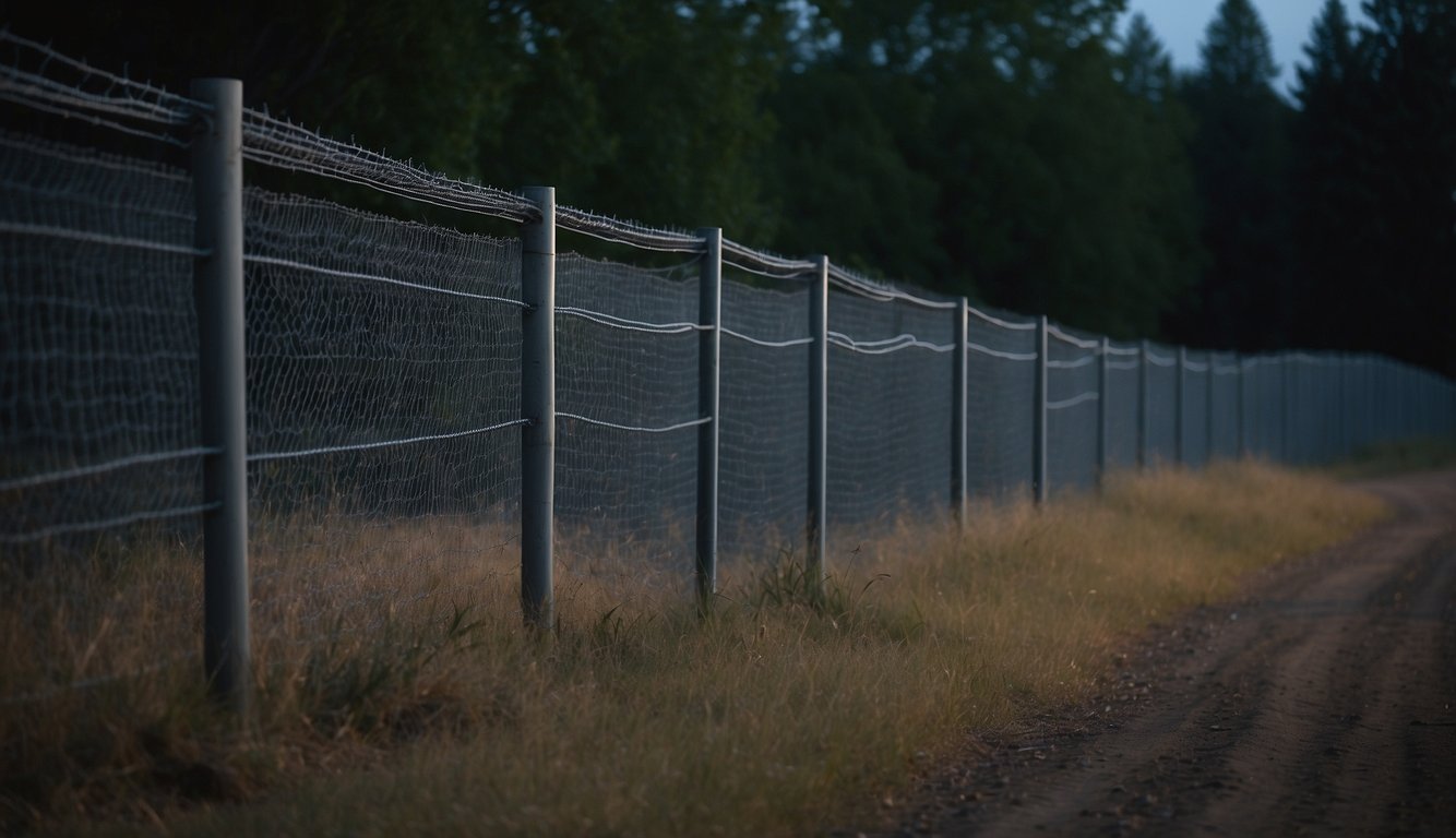 A high fence surrounds the bug-out location, topped with barbed wire. 