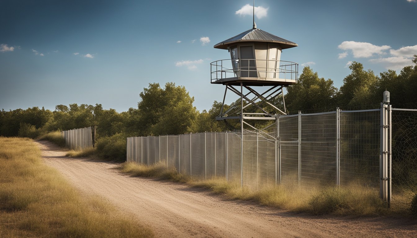 A sturdy fence surrounds the bug-out location. A guard tower overlooks the perimeter, equipped with a spotlight and communication equipment