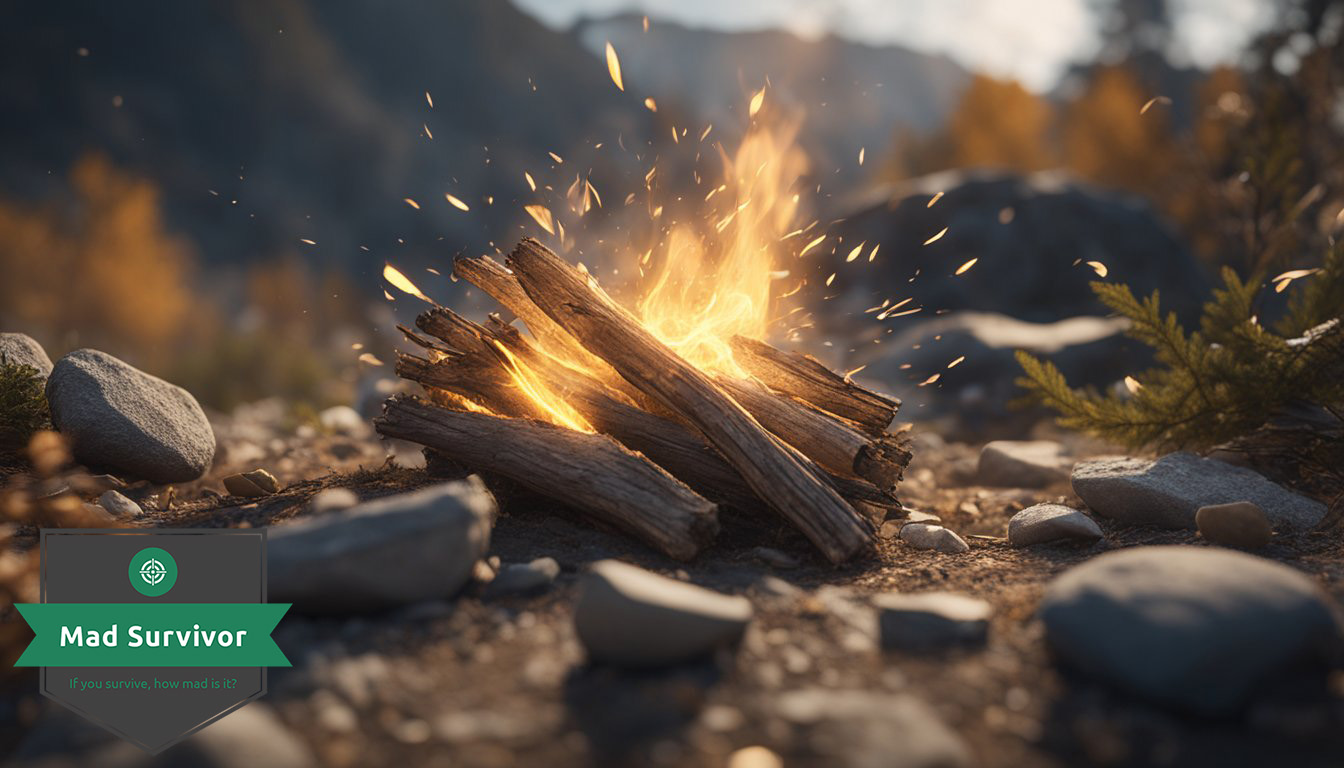 Dry leaves, twigs, and a flint striking against a rock to create sparks igniting a small fire in the wild