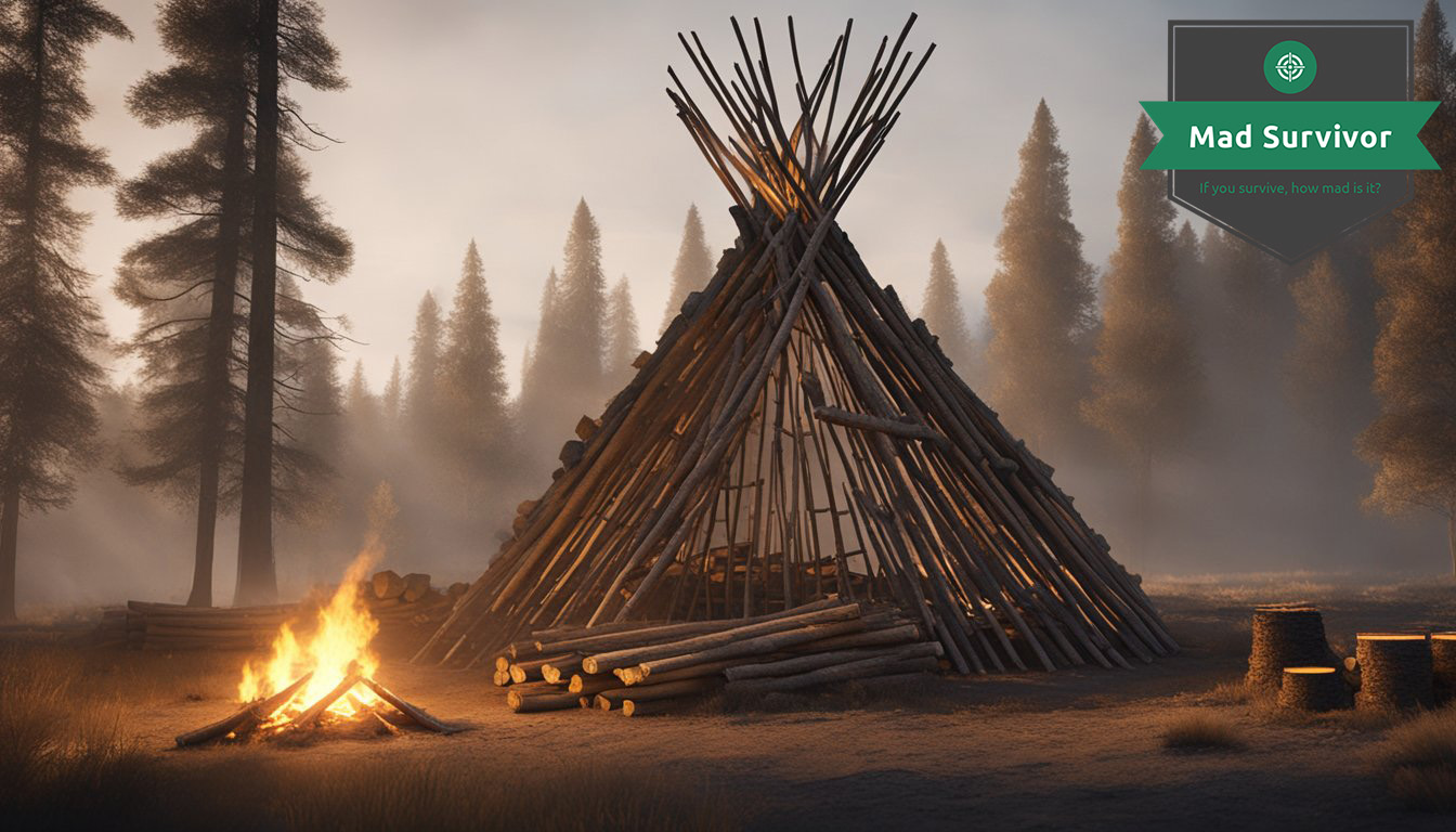 A fire structure is being built in the wild, with kindling and logs arranged in a teepee shape. Flames are starting to crackle and rise