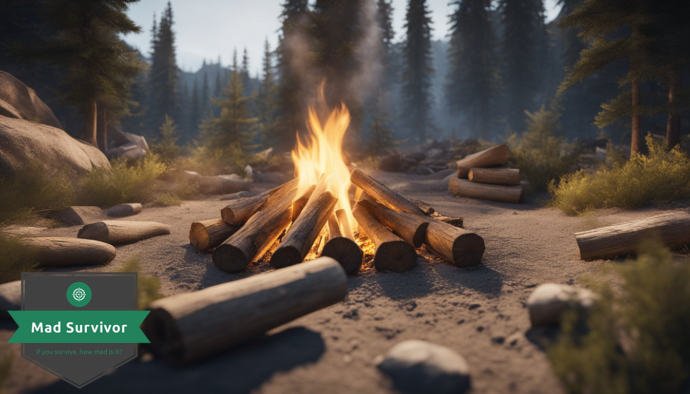 A campfire is being ignited in the wild, with kindling and logs arranged in a tepee shape