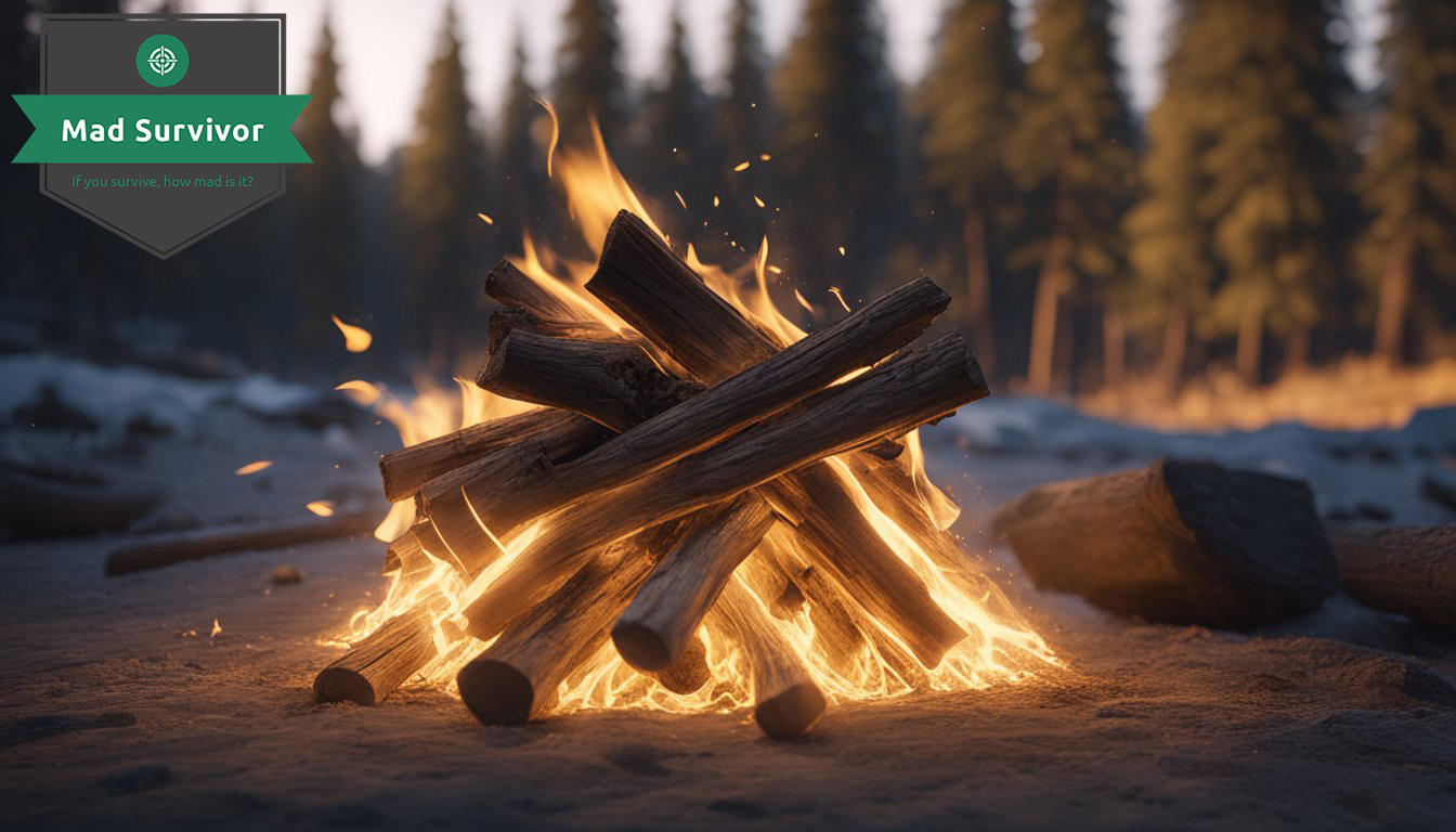 Logs burn in a camp style fire on the sand out in the wilderness