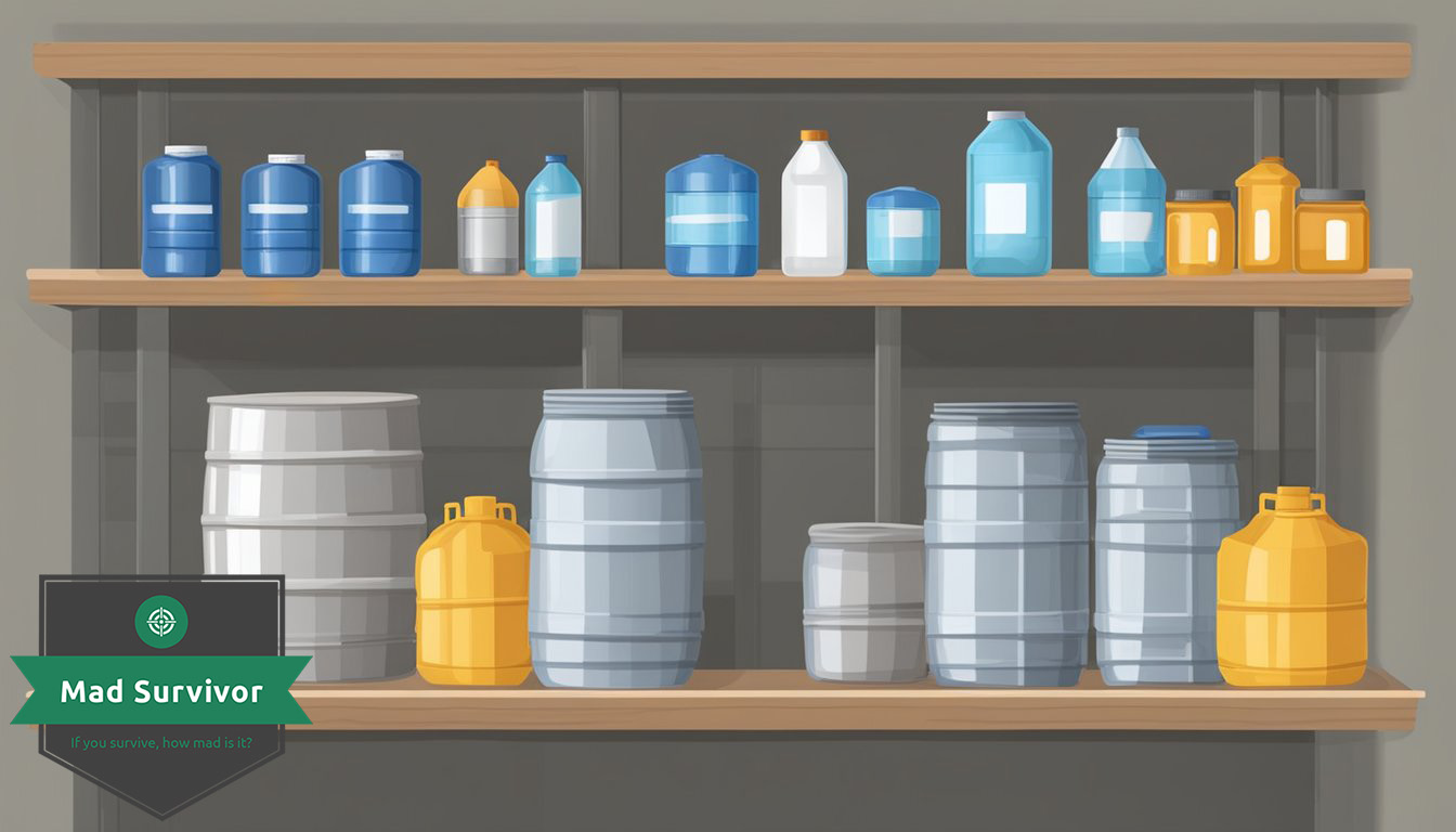 Various water containers lined up on shelves, including large barrels, jugs, and bottles. Labels indicate long-term storage suitability