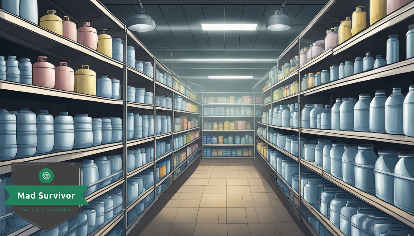 Large water containers, packed on shelving in a storage room