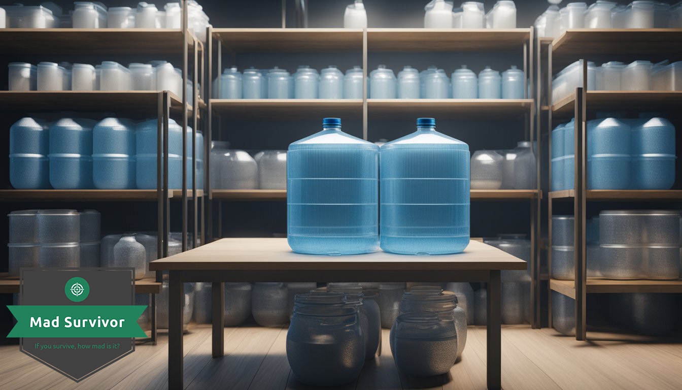 A large, sturdy container holds clean water, surrounded by shelves of preserved water containers and water purification supplies
