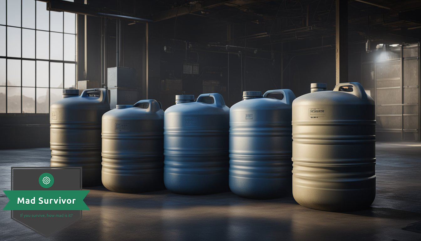 Multiple large water containers stacked in a cool, dark location