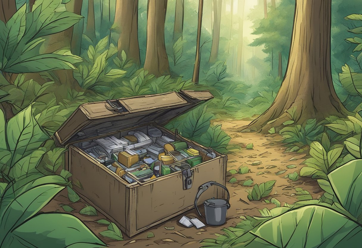 A hidden survival cache uncovered in a dense forest, with scattered resources and supplies
