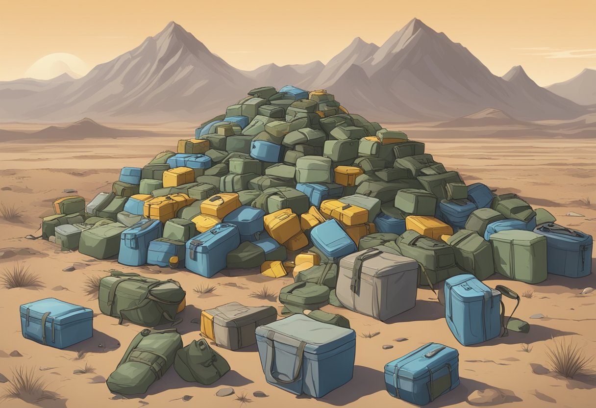 A pile of survival caches scattered in a desolate landscape, with limited resources and potential risks