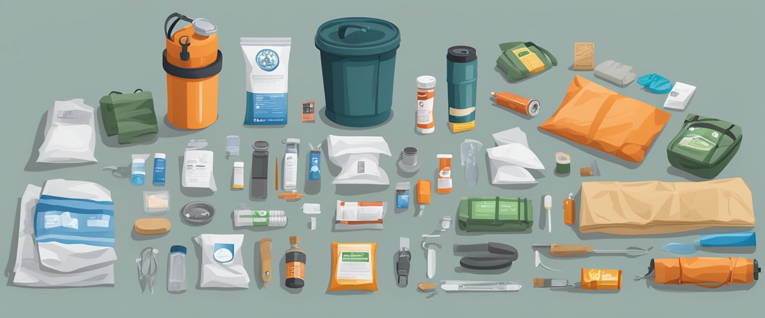 A survival kit laid out on a flat surface, including items such as a water filter, fire starter, first aid supplies, and emergency food rations