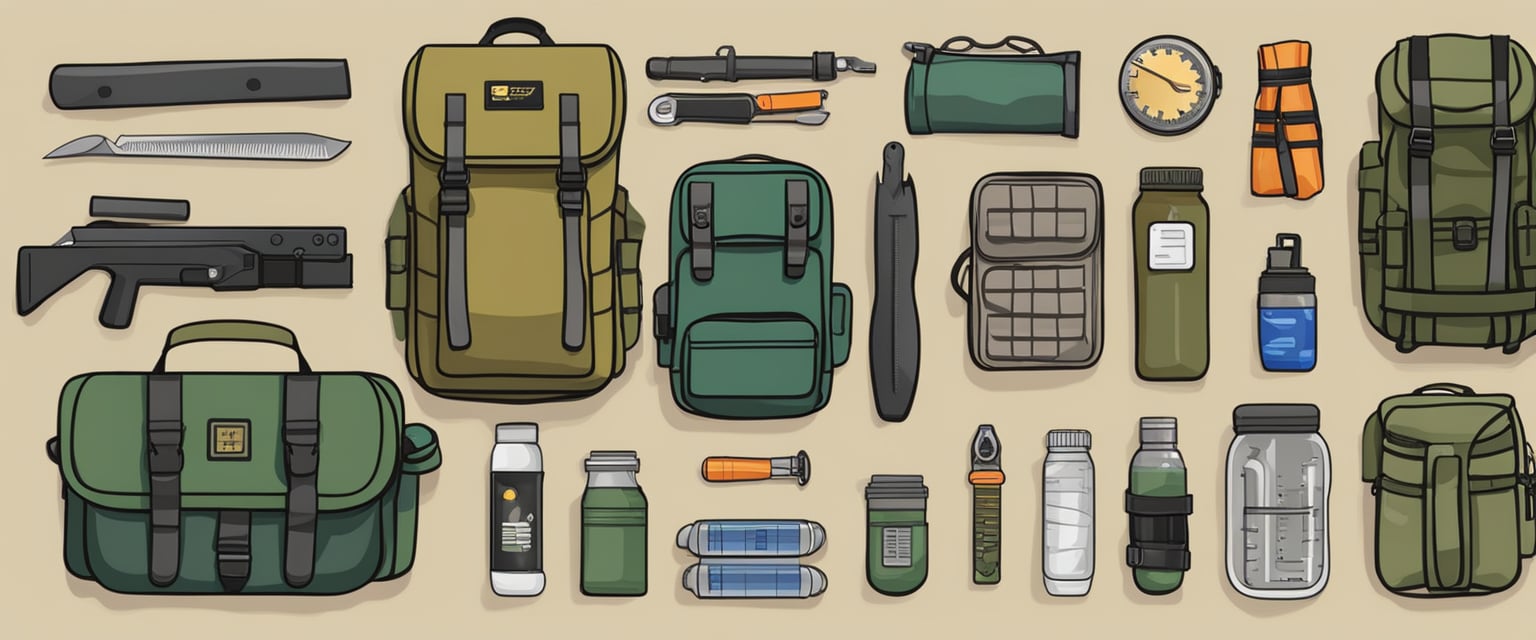 A survival kit and bug out bag lay side by side, each containing essential items for different scenarios.