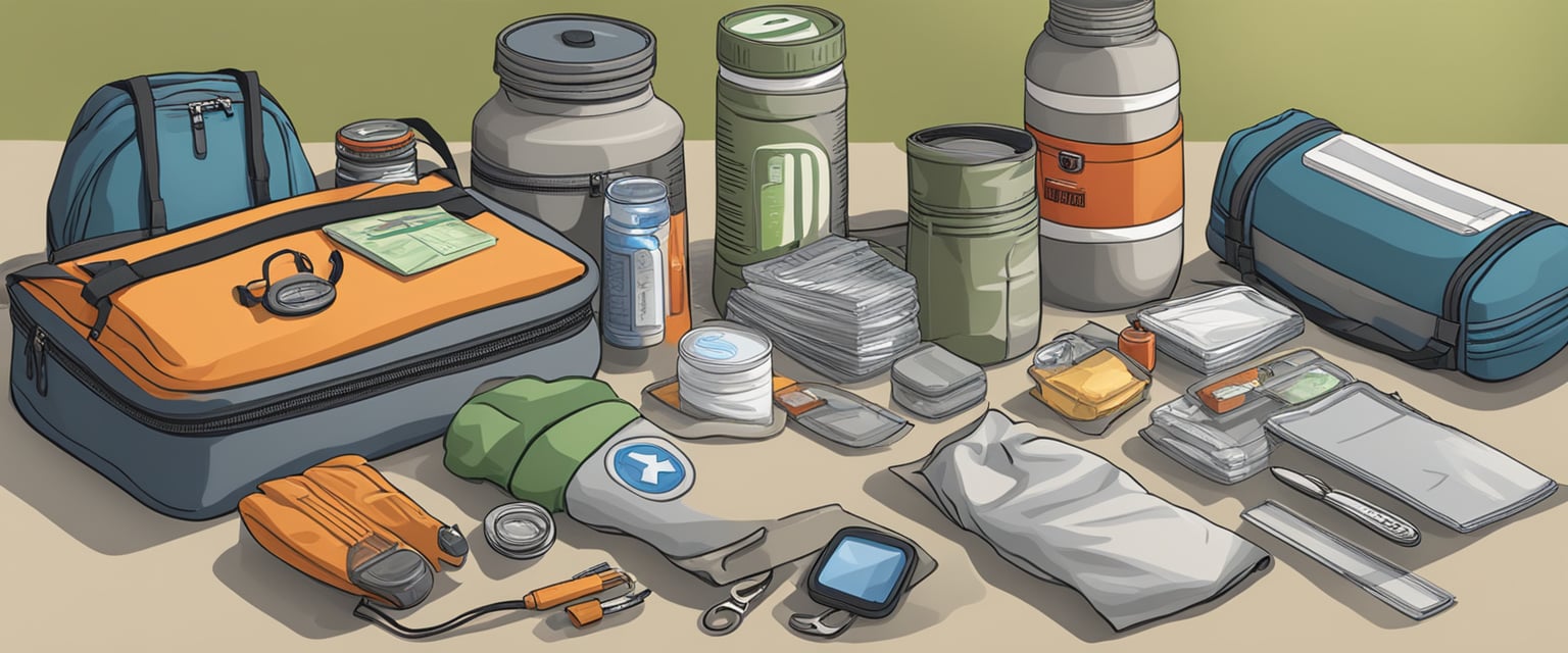 A table with neatly organized survival items: flashlight, first aid kit, water bottles, and non-perishable food. A bug out bag sits next to it, filled with emergency supplies