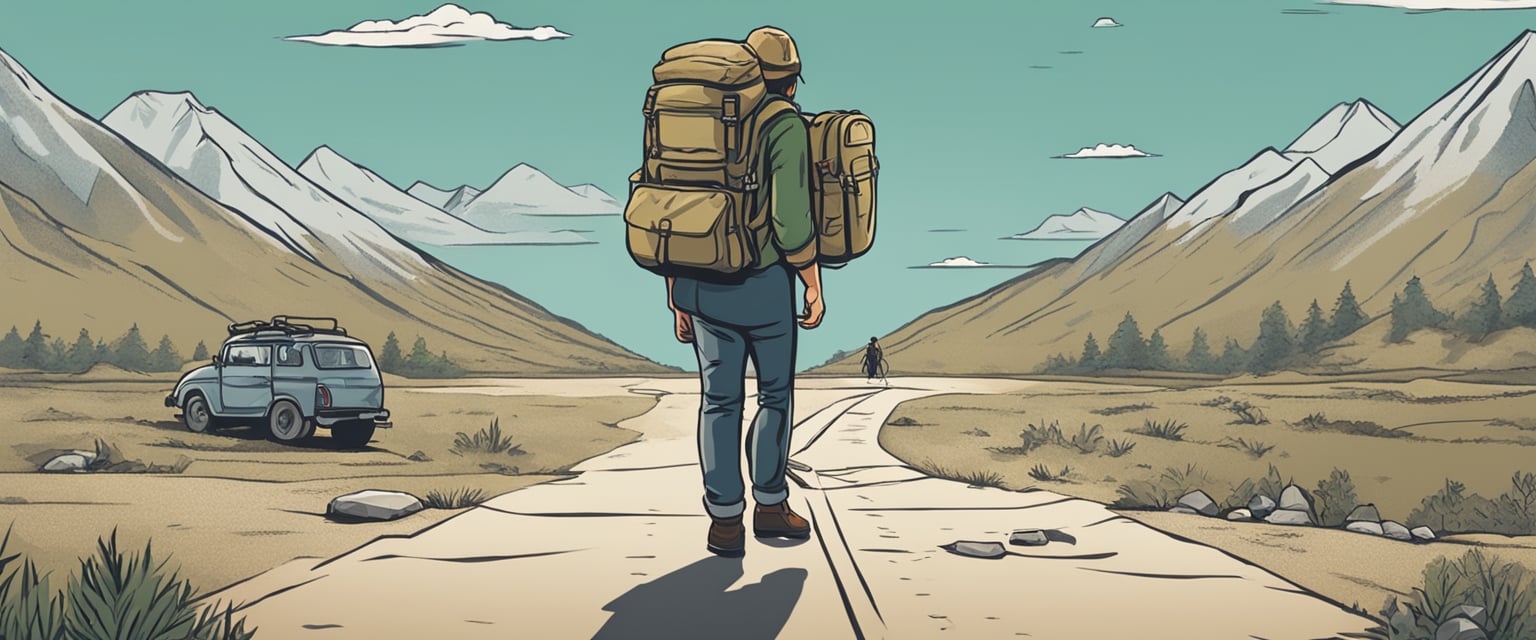 A person stands at a crossroads, with a survival kit on one side and a bug out bag on the other. 