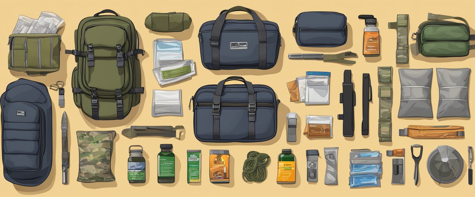 A table displaying a variety of survival gear, with a clear distinction between survival kits and bug out bags.