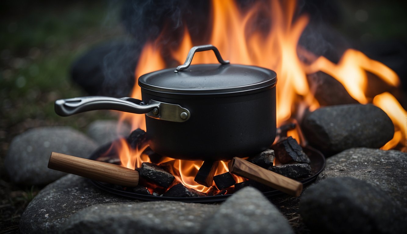 A campfire crackles as a pot hangs over the flames. Nearby, a knife, fire starter, and cooking utensils lay on a flat rock
