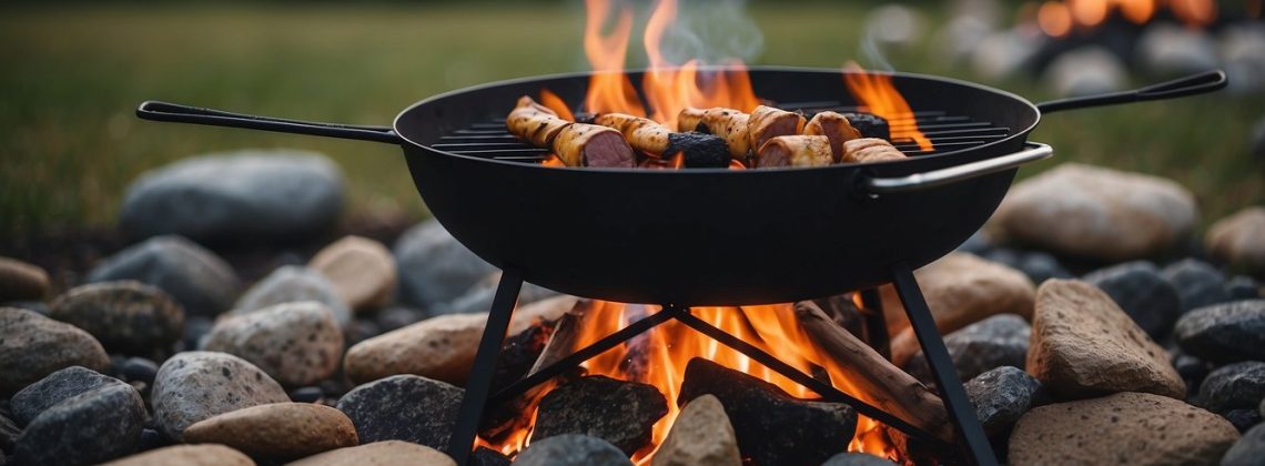 A fire pit with a metal grill over it, surrounded by rocks. A pot hangs from a tripod, and skewers with meat are roasting over the flames