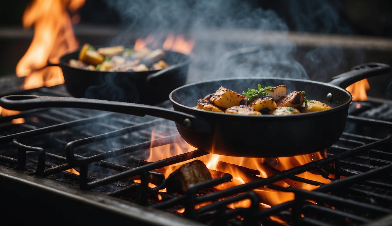 Various cookware sits over open flames: cast iron skillet, metal pot, and grill grate. Smoke billows as food sizzles and cooks