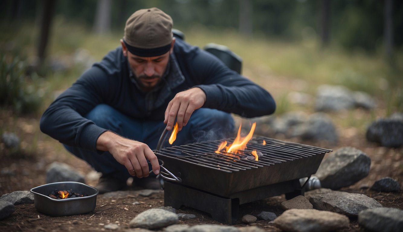 A figure constructs a makeshift outdoor stove using rocks and a metal grate, demonstrating survival cooking techniques