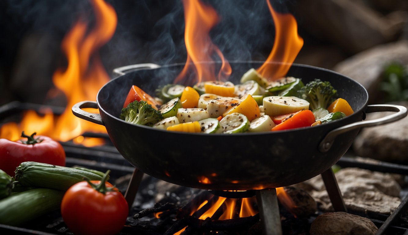 Ingredients sizzle over an open flame. A makeshift grill stands over hot coals, as a pot steams with foraged vegetables